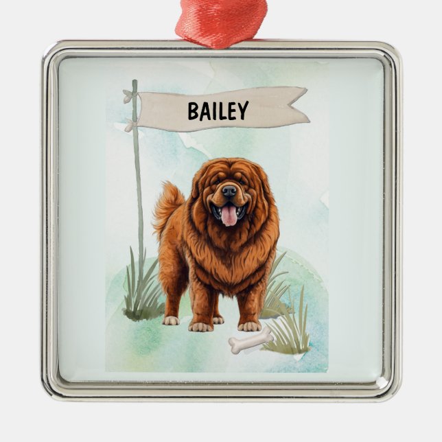 Ornement Carré Argenté Tibetan Mastiff Watercolor Personalized Dog (Devant)