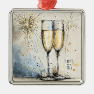 Ornement Carré Argenté Toast au Champagne Bonne Année