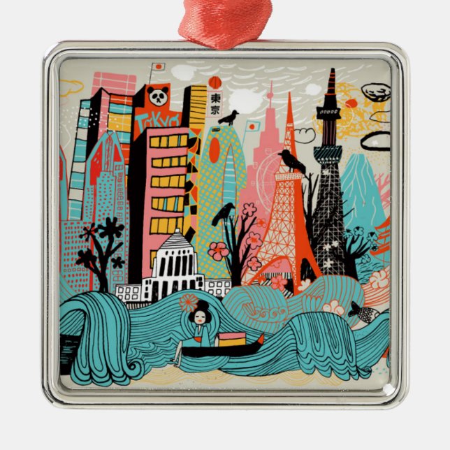 Ornement Carré Argenté Tokyo tirée par la main Japon (Devant)