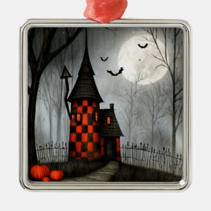 Ornement Carré Argenté Tour gothique Halloween à damier