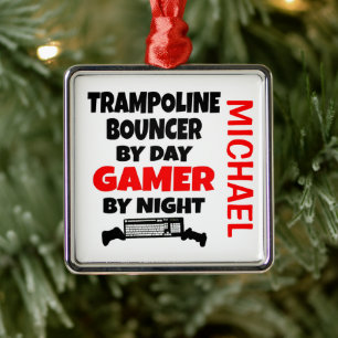 Ornement Carré Argenté Trampoline Bouncer aime jouer aux jeux vidéo