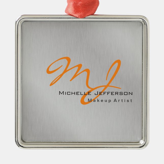 Ornement Carré Argenté Trendy Makeup Artist Silver Grey Orange Monogram (Devant)