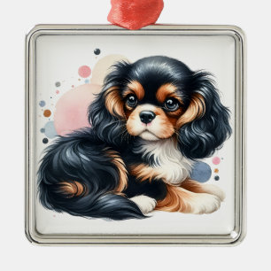ORNEMENT CARRÉ ARGENTÉ TRI COLOR CAVALIER KING CHARLES SPANIEL PUPPDOG