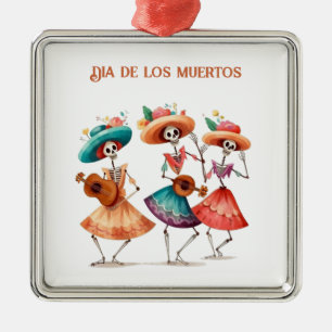 Ornement Carré Argenté Trio de Calavera Dançant pour le Jour des Morts