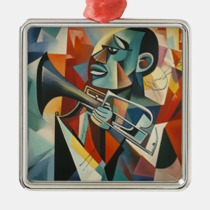 Ornement Carré Argenté Trompettiste de jazz cubiste abstrait