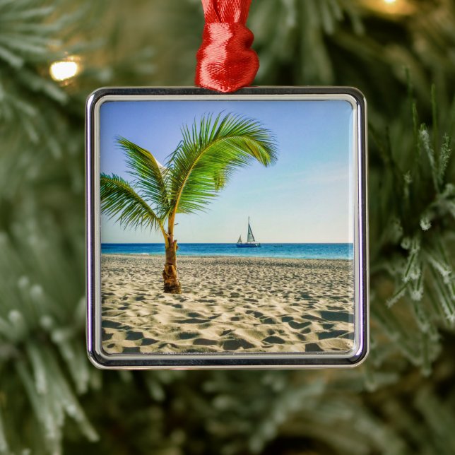 Ornement Carré Argenté Tropical Beaches | Sailboat, Palm Tree, Aruba (Arbre)
