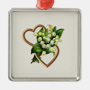 Ornement Carré Argenté Two Romantic Hearts with White Lilies