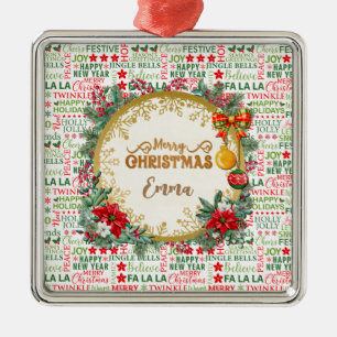 Ornement Carré Argenté Typographie de Noël Rouge & Vert Motif sans coutur