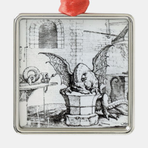 Ornement Carré Argenté Un dragon dans un atelier