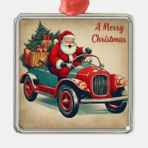 Ornement Carré Argenté Un joyeux Noël Vintage Père Noël en voiture rouge