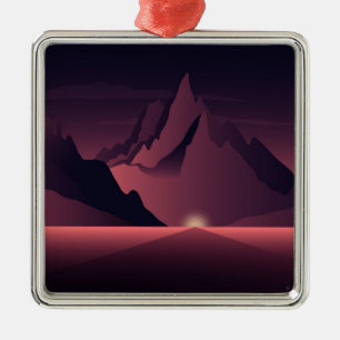 Ornement Carré Argenté Une illustration de coucher de soleil en montagne
