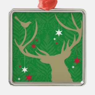 Ornement Carré Argenté Une silhouette d'un cerf commun avec des étoiles