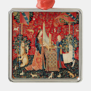 Ornement Carré Argenté UNICORN ET DAME JOUER ORGAN Red Green Floral