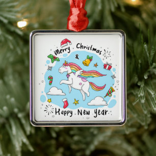 Ornement Carré Argenté Unicorne de Noël