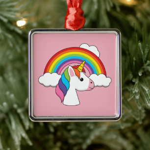 Ornement Carré Argenté Unicorne et arc-en-ciel avec nuages Kawaii