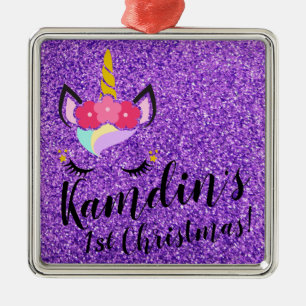Ornement Carré Argenté Unicorne personnalisée Parties scintillant violet