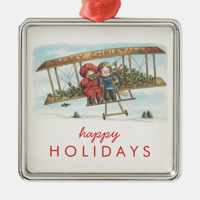 Ornement Carré Argenté Vacances mignonnes d'avion d'enfants de houx (Devant)