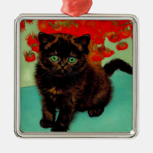 Ornement Carré Argenté Van Gogh Chat noir Fleurs rouges