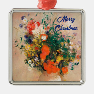 Ornement Carré Argenté Vase des fleurs de Redon Joyeux Noël