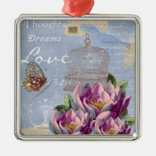 Ornement Carré Argenté Victorian Love Thoughts Dreams Butterfly Bird Cage