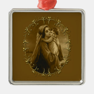 Ornement Carré Argenté Vierge Marie avec Enfant Jésus, Gold Border Design