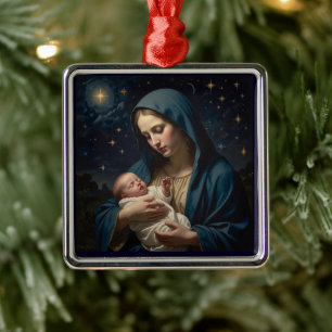 Ornement Carré Argenté Vierge Marie et Bébé Jésus Nativité