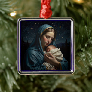 Ornement Carré Argenté Vierge Marie et Jésus Noël Nativité vintage
