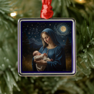 Ornement Carré Argenté Vierge Marie et Jésus Nuit étoilée de Noël