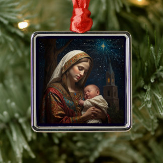 Ornement Carré Argenté Vierge Marie & Jésus Noël Nativité