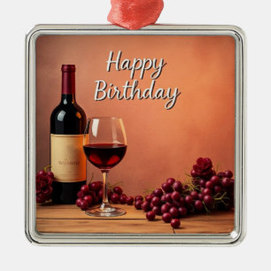 Ornement Carré Argenté Vignoble élégant Joyeux Anniversaire Vin & Raisins