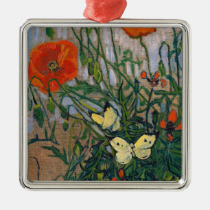 Ornement Carré Argenté Vincent van Gogh - Papillons et Coquelicots