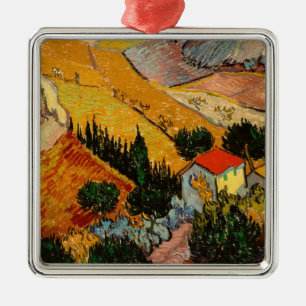 Ornement Carré Argenté Vincent van Gogh - Paysage, Maison et Laboureur