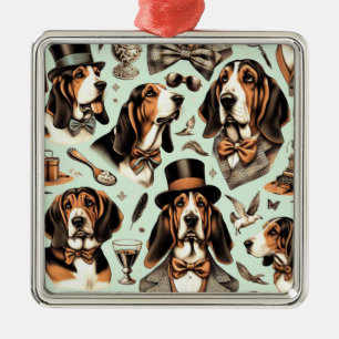 Ornement Carré Argenté Vintage Basset Hound sans joint