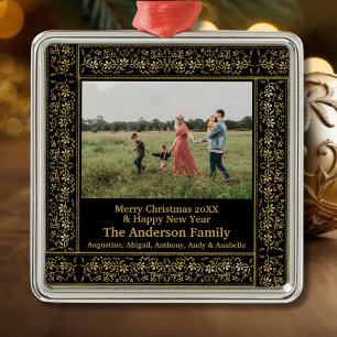 Ornement Carré Argenté Vintage Gold Floral Frame Photo Joyeux Noël