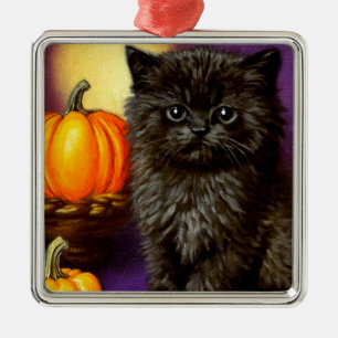 Ornement Carré Argenté Vintage Halloween Kitten