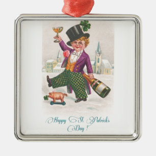 Ornement Carré Argenté Vintage Happy Jour de la Saint Patrick Shamrock Ch