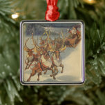 Ornement Carré Argenté Vintage Noël Père Noël Sleigh avec Reindeer<br><div class="desc">Illustration vintage Victorian Joyeux Noël scène avec le Père Noël et ses rennes livrant des jouets le soir de Noël. Père Noël survole la neige pendant une nuit d'hiver fraîche avec une pleine lune dans le ciel.</div>