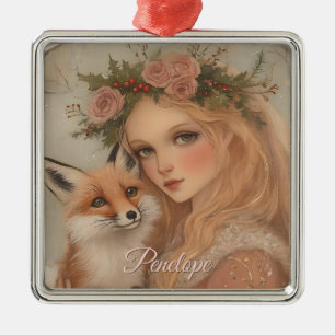 Ornement Carré Argenté Vintage personnalisé Noël fille & Fox Keepsaké