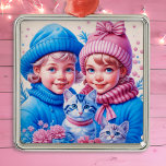 Ornement Carré Argenté Vintage Petit Enfants Noël Personnalisé<br><div class="desc">Jolie petite fille vintage et garçon en casquettes d'hiver rose et bleu tenant des chatons rétro nostalgique ornement de Noël pour ceux qui aiment un Noël à l'ancienne.</div>