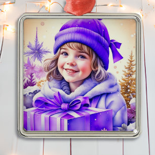Ornement Carré Argenté Vintage Purple Petite Fille Noël Personnalisé