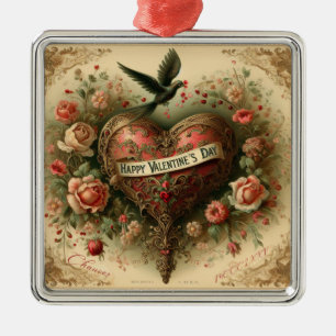 Ornement Carré Argenté Vintage/rétro/Victorian Valentine's day heart