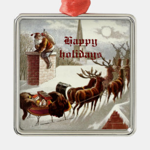 Ornement Carré Argenté Vintage Santa Claus Reindeer