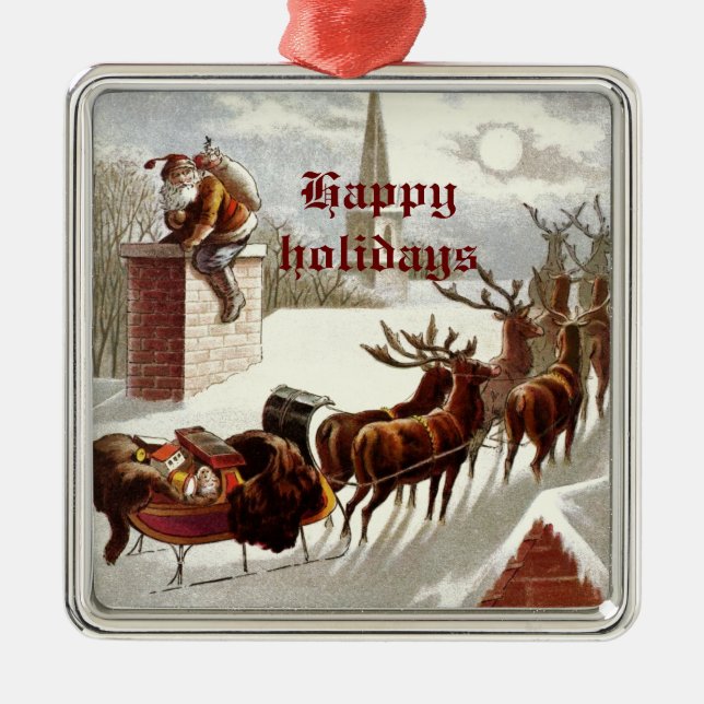 Ornement Carré Argenté Vintage Santa Claus Reindeer (Devant)