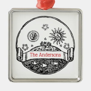 Ornement Carré Argenté Vintage Sun Moon Stars Océan Planète Terre Dessin