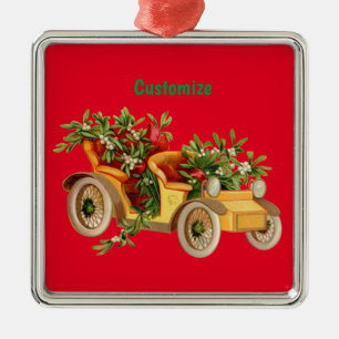 Ornement Carré Argenté Vintage Voiture de Noël Mistletoe Thunder_Cove