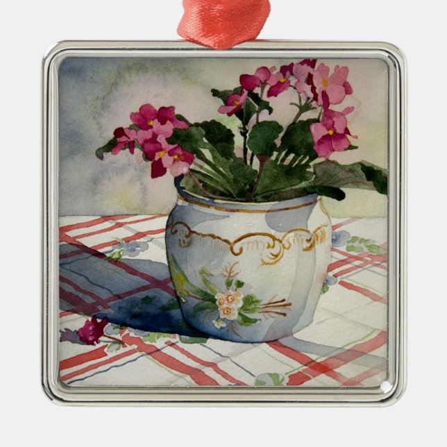 Ornement Carré Argenté Violets africains en pot bleu 1790 (Devant)