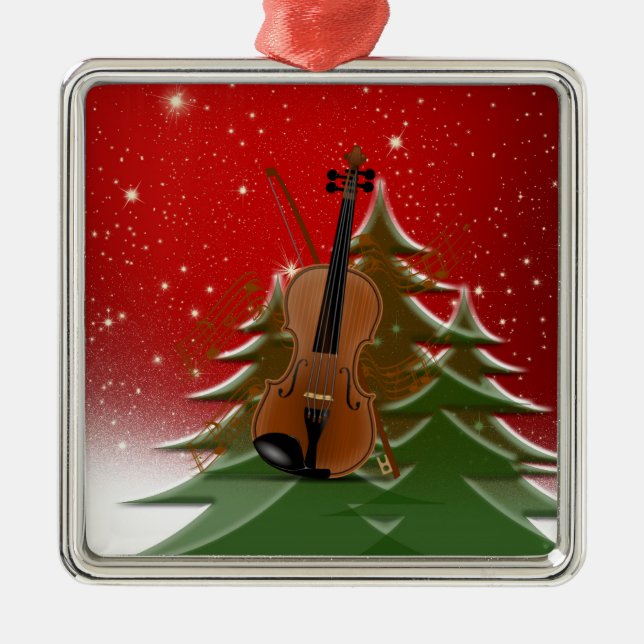 Ornement Carré Argenté Violon à Noël, (Devant)