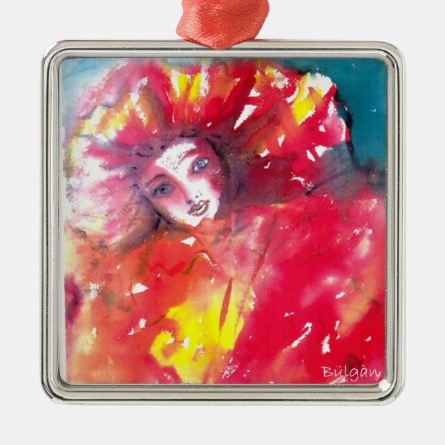 ORNEMENT CARRÉ ARGENTÉ VISAGES DE MASQUÉRADE VÉNÉTIENNE - MASQUE EN ROUGE (Devant)