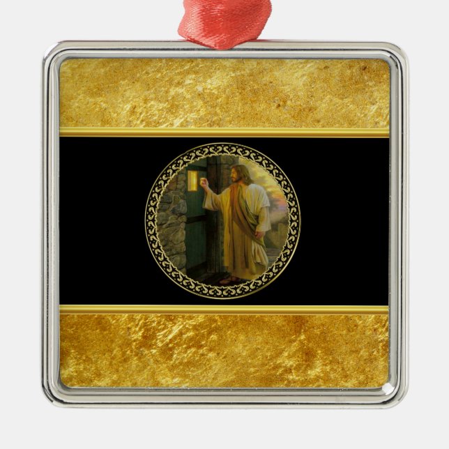 Ornement Carré Argenté Visitation à Dawn Jesus frappe sur une porte rusti (Devant)