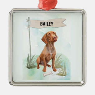 Ornement Carré Argenté Vizsla aquarelle chien personnalisé